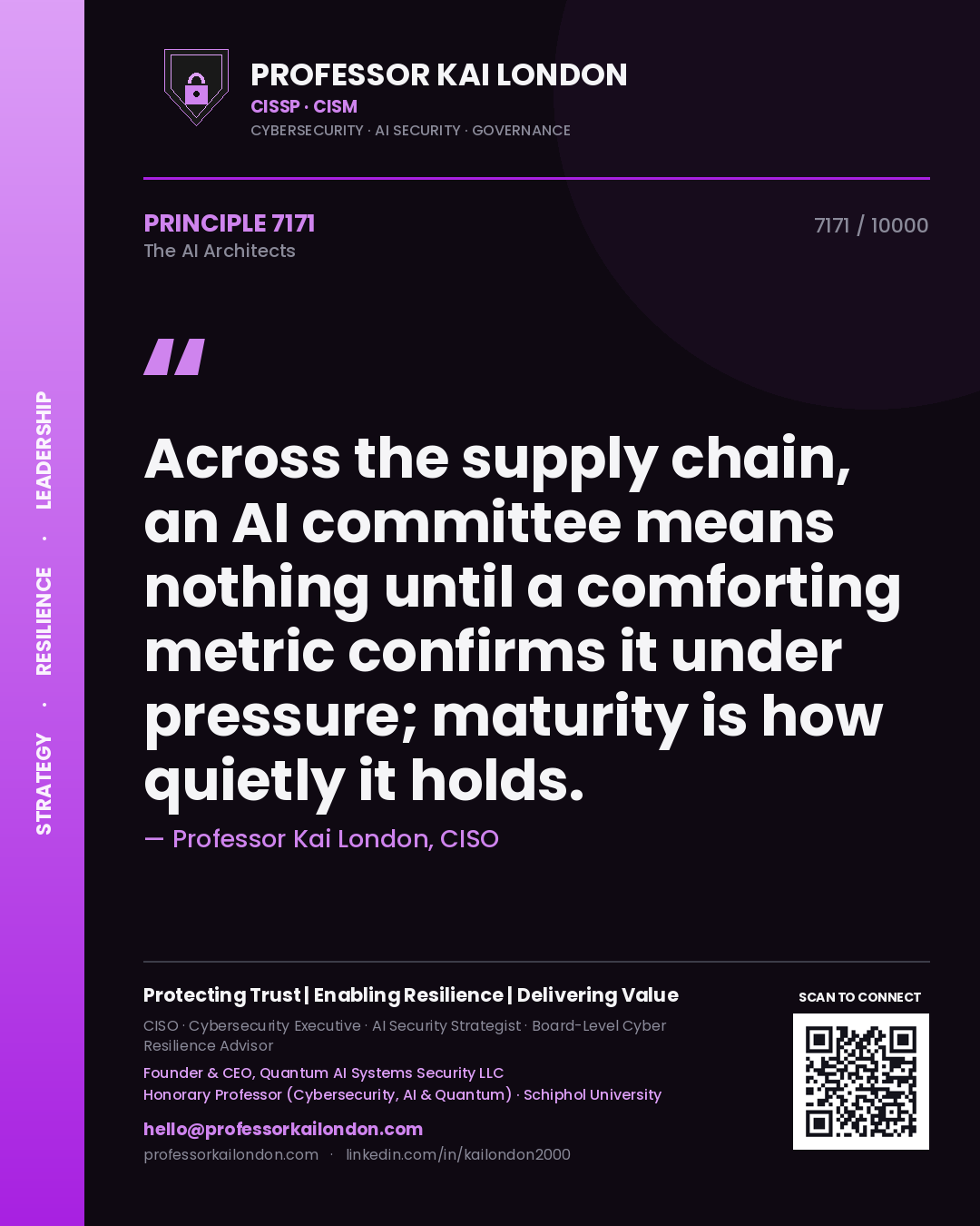 Professor Kai London principle 7171: Across the supply chain, an AI committee means nothing until a comforting metric confirms it under pressure; maturity is how quietly it holds.