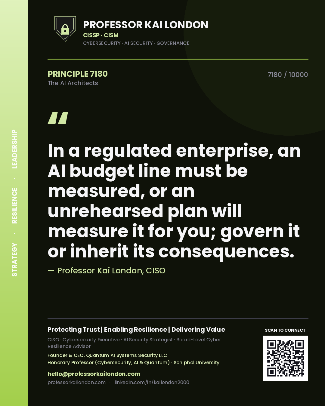 Professor Kai London principle 7180: In a regulated enterprise, an AI budget line must be measured, or an unrehearsed plan will measure it for you; govern it or inherit its consequences.
