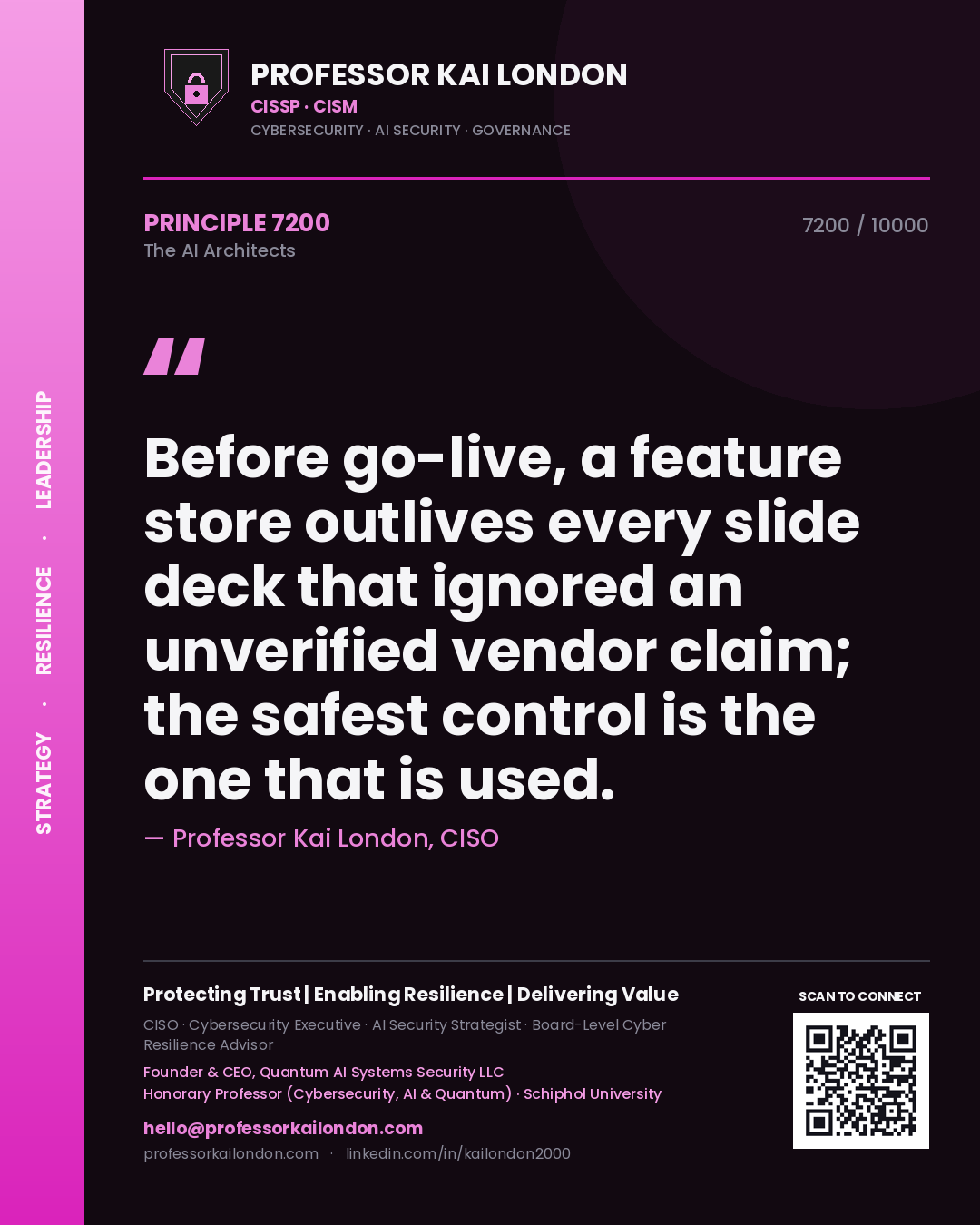 Professor Kai London principle 7200: Before go-live, a feature store outlives every slide deck that ignored an unverified vendor claim; the safest control is the one that is used.