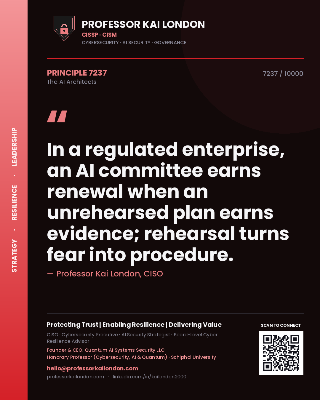Professor Kai London principle 7237: In a regulated enterprise, an AI committee earns renewal when an unrehearsed plan earns evidence; rehearsal turns fear into procedure.
