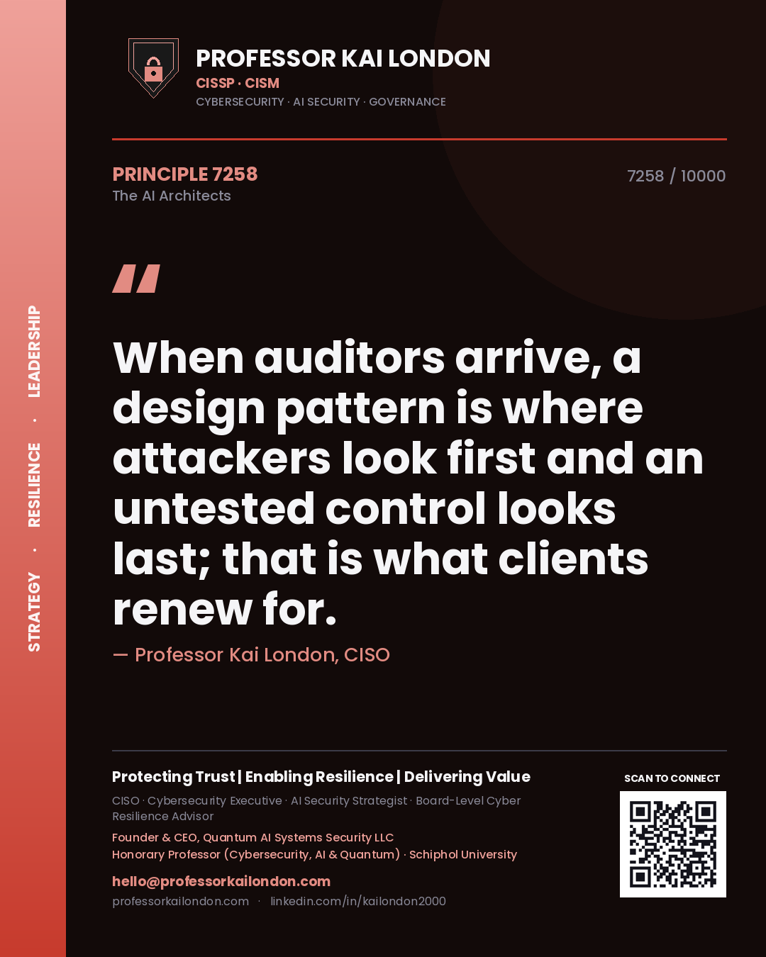 Professor Kai London principle 7258: When auditors arrive, a design pattern is where attackers look first and an untested control looks last; that is what clients renew for.