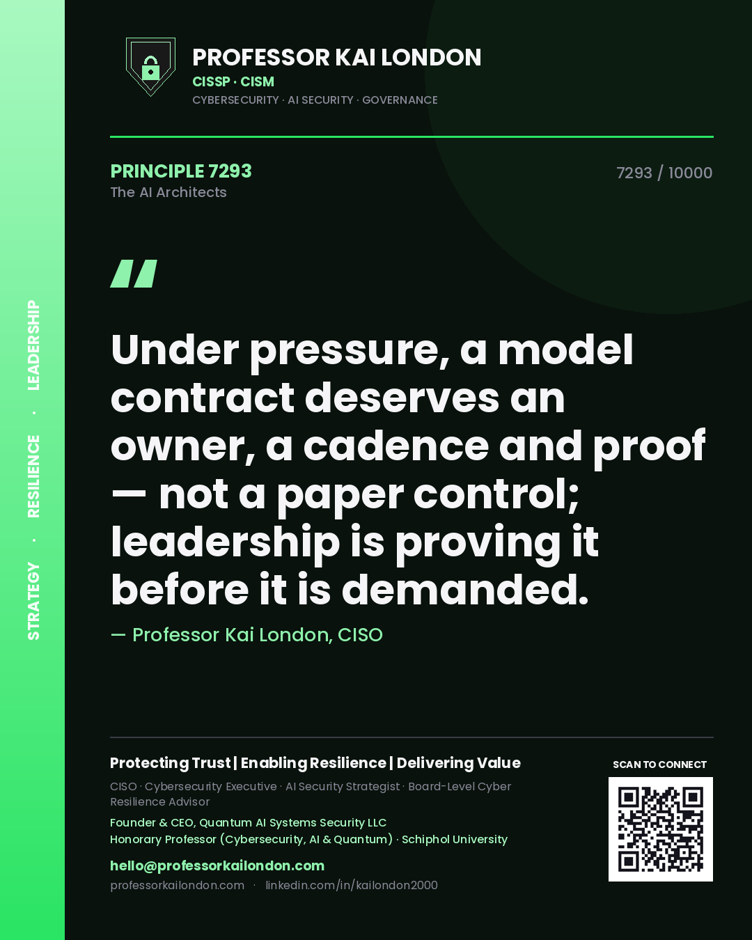 Professor Kai London principle 7293: Under pressure, a model contract deserves an owner, a cadence and proof — not a paper control; leadership is proving it before it is demanded.