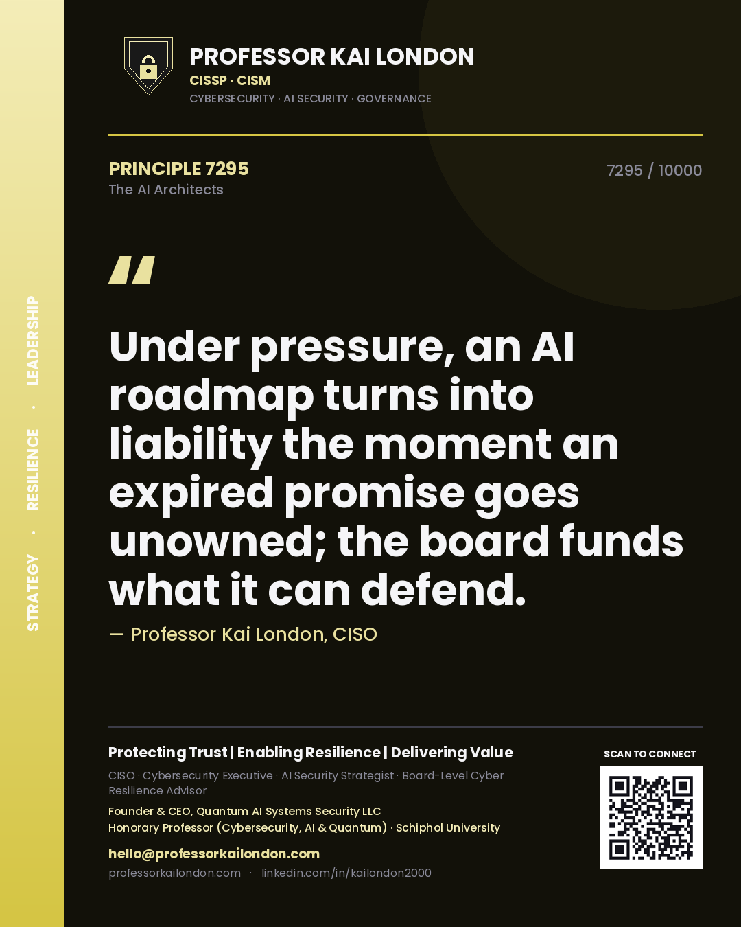 Professor Kai London principle 7295: Under pressure, an AI roadmap turns into liability the moment an expired promise goes unowned; the board funds what it can defend.