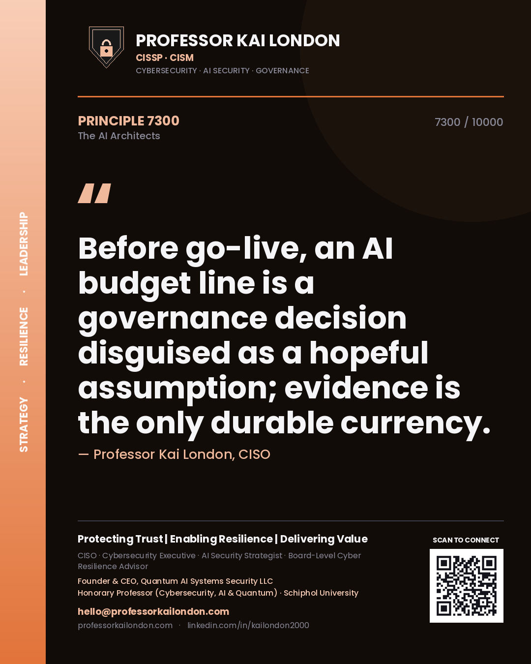 Professor Kai London principle 7300: Before go-live, an AI budget line is a governance decision disguised as a hopeful assumption; evidence is the only durable currency.