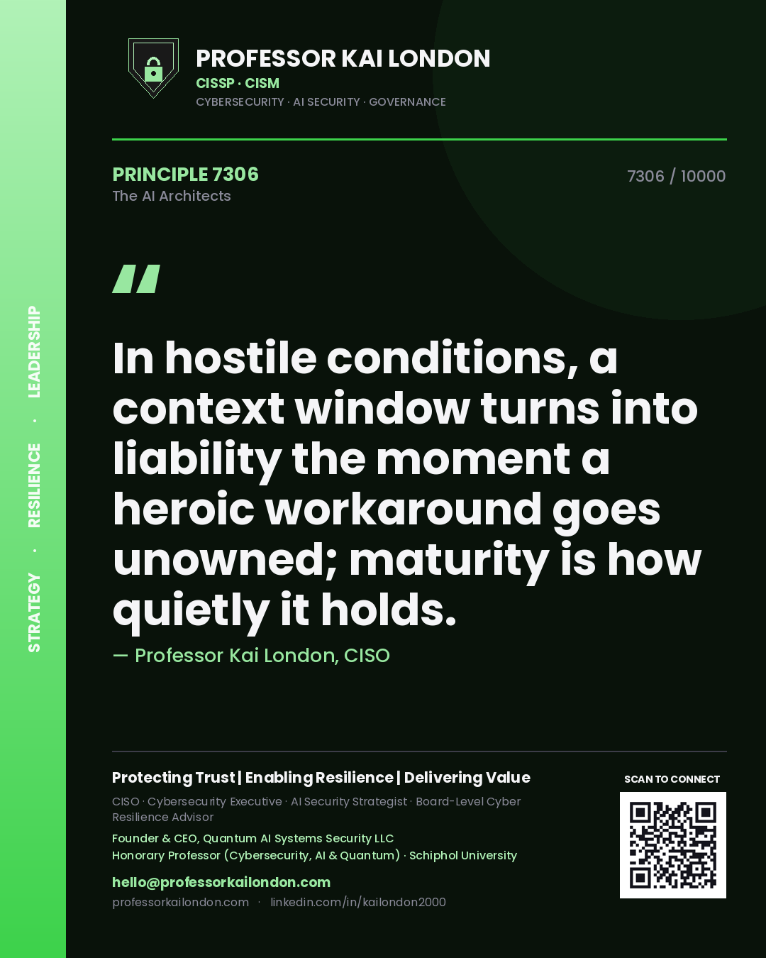 Professor Kai London principle 7306: In hostile conditions, a context window turns into liability the moment a heroic workaround goes unowned; maturity is how quietly it holds.