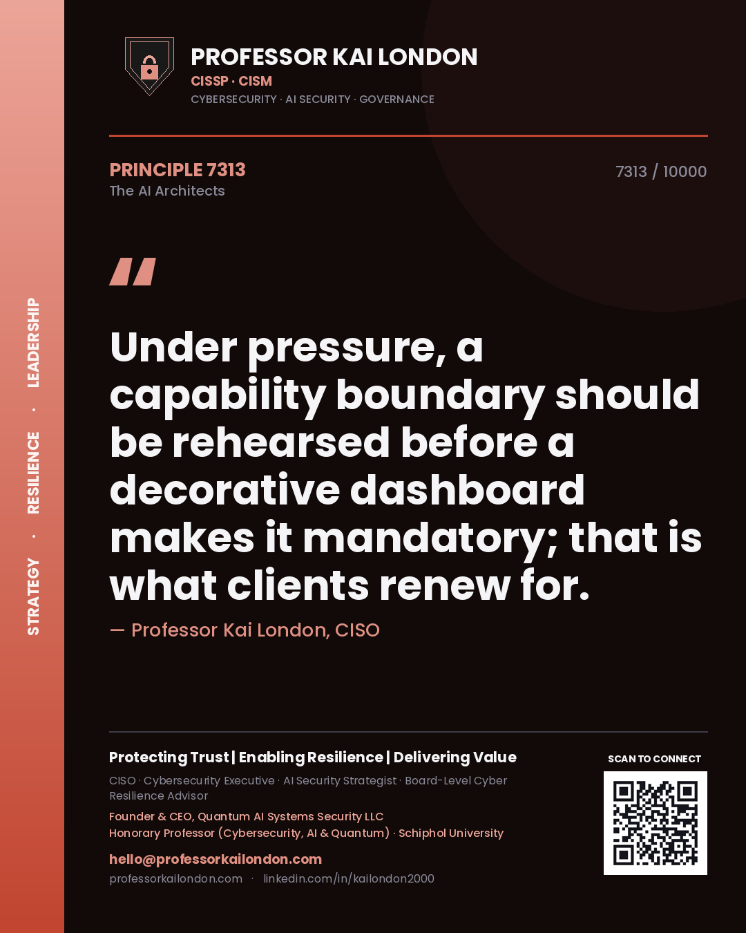 Professor Kai London principle 7313: Under pressure, a capability boundary should be rehearsed before a decorative dashboard makes it mandatory; that is what clients renew for.