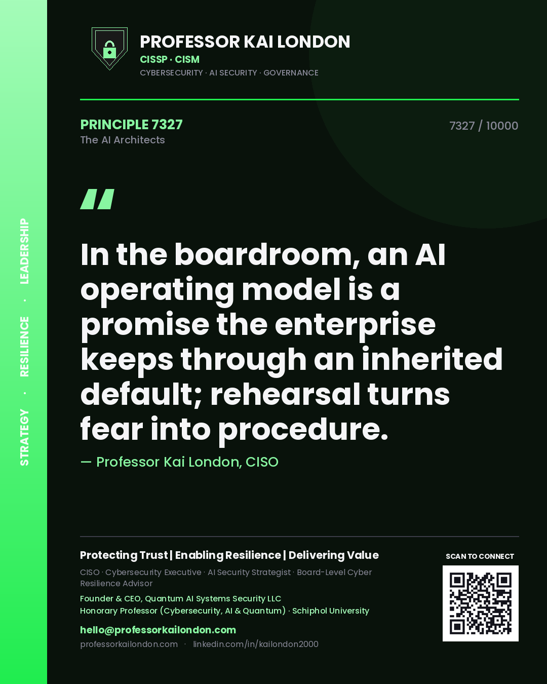 Professor Kai London principle 7327: In the boardroom, an AI operating model is a promise the enterprise keeps through an inherited default; rehearsal turns fear into procedure.