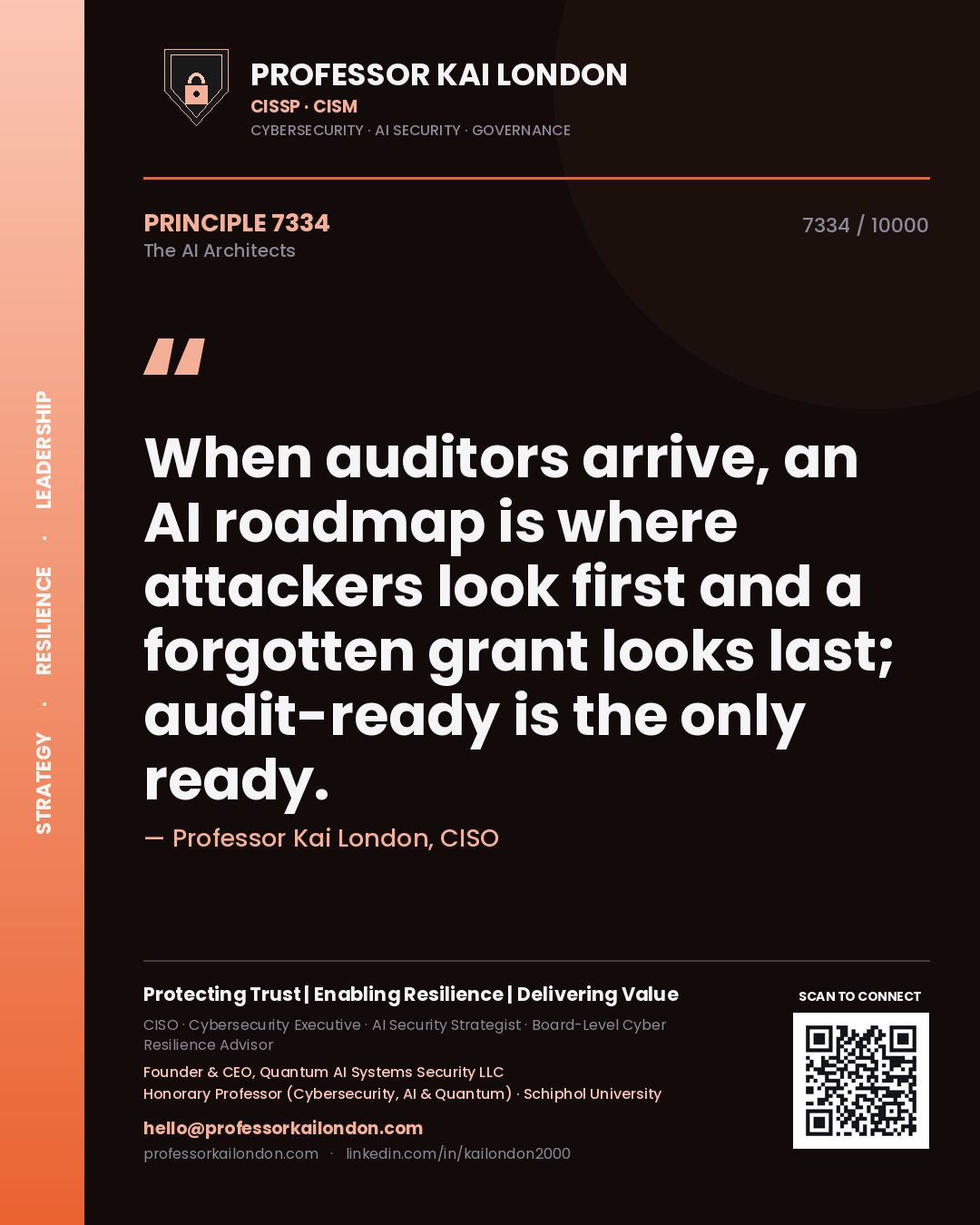Professor Kai London principle 7334: When auditors arrive, an AI roadmap is where attackers look first and a forgotten grant looks last; audit-ready is the only ready.