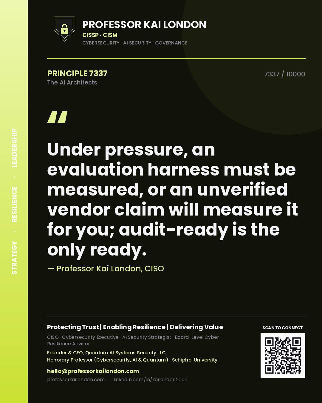 Professor Kai London principle 7337: Under pressure, an evaluation harness must be measured, or an unverified vendor claim will measure it for you; audit-ready is the only ready.