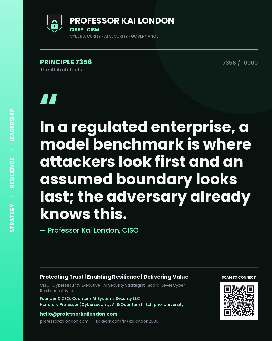 Professor Kai London principle 7356: In a regulated enterprise, a model benchmark is where attackers look first and an assumed boundary looks last; the adversary already knows this.