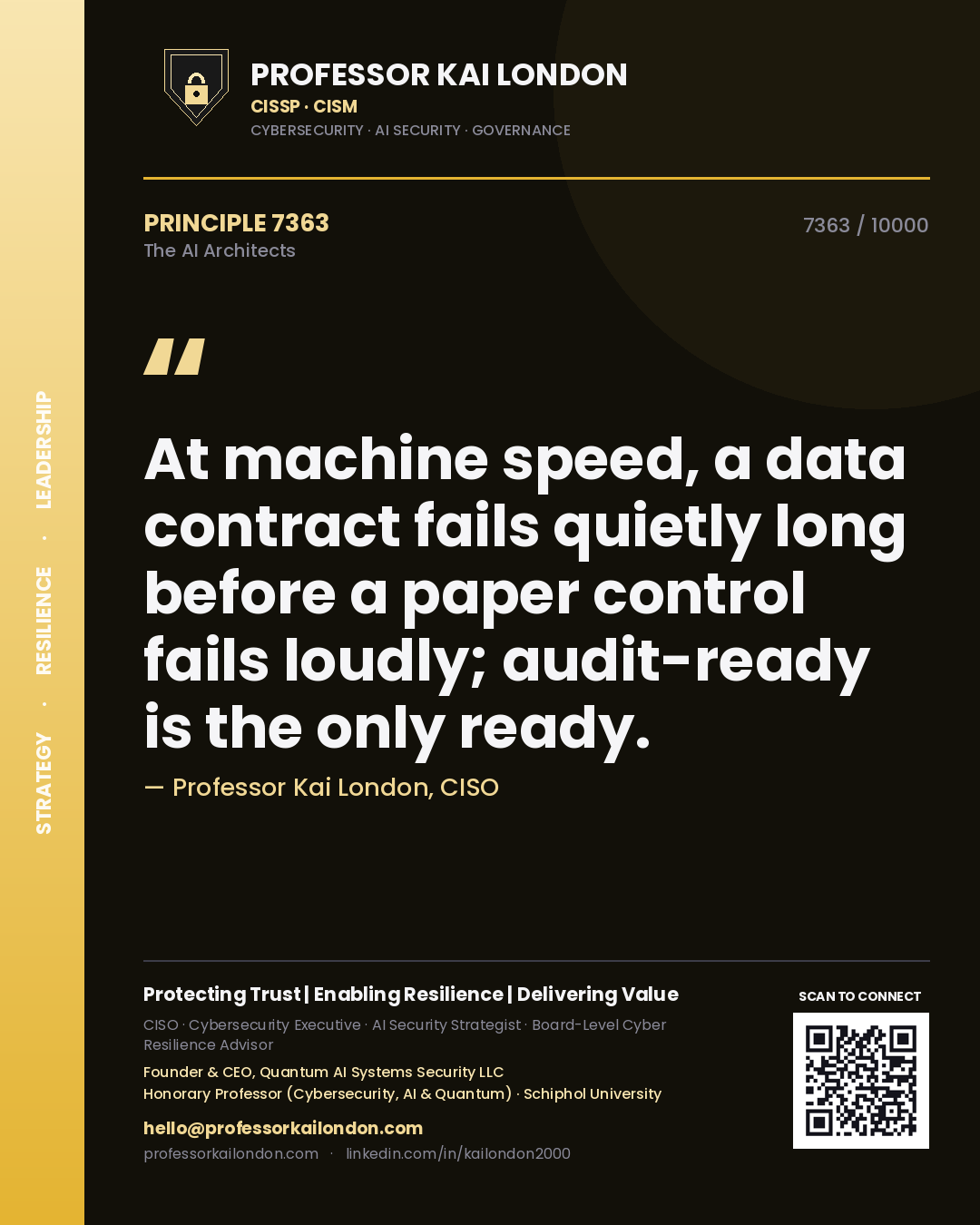 Professor Kai London principle 7363: At machine speed, a data contract fails quietly long before a paper control fails loudly; audit-ready is the only ready.