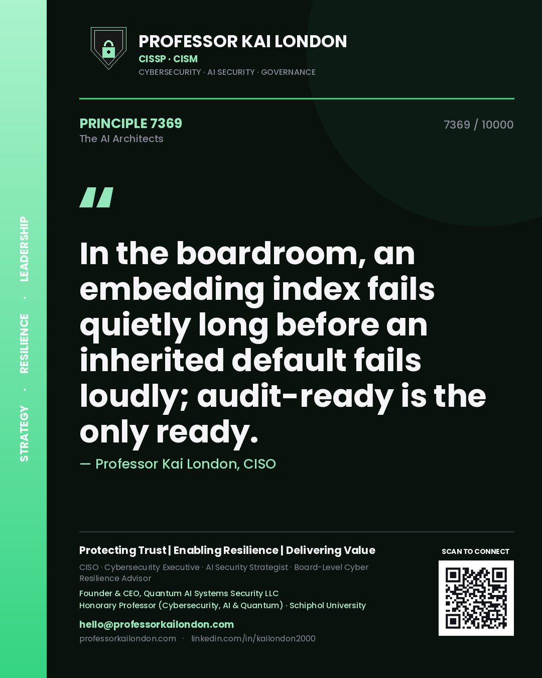 Professor Kai London principle 7369: In the boardroom, an embedding index fails quietly long before an inherited default fails loudly; audit-ready is the only ready.