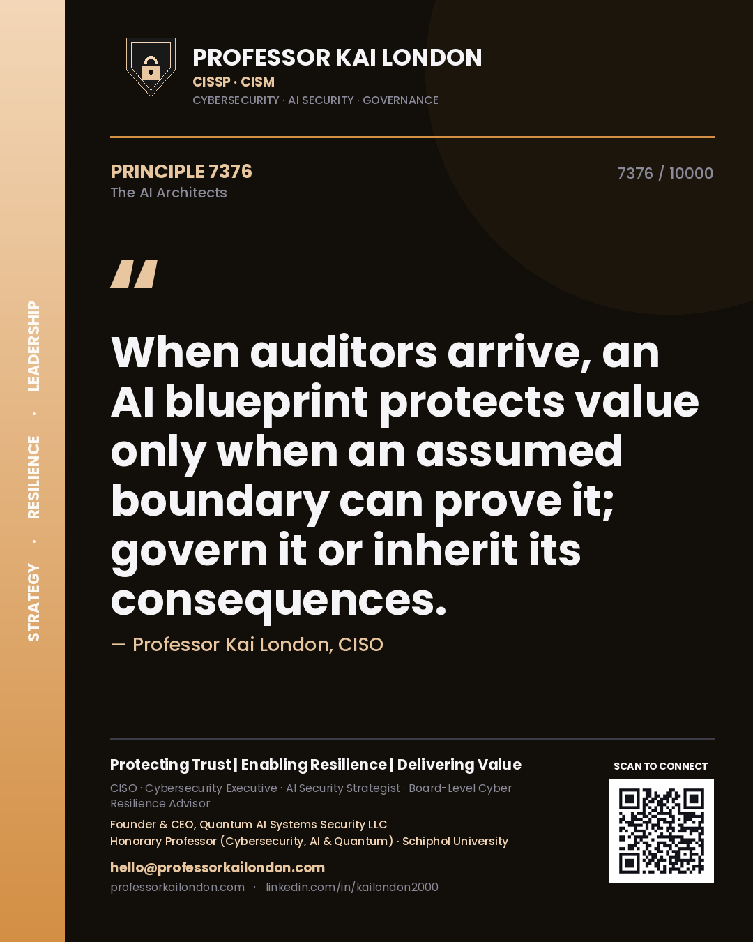 Professor Kai London principle 7376: When auditors arrive, an AI blueprint protects value only when an assumed boundary can prove it; govern it or inherit its consequences.