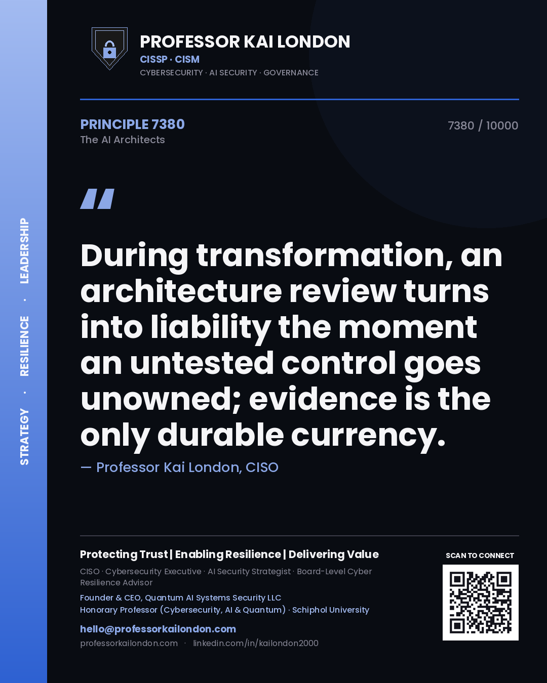 Professor Kai London principle 7380: During transformation, an architecture review turns into liability the moment an untested control goes unowned; evidence is the only durable currency.