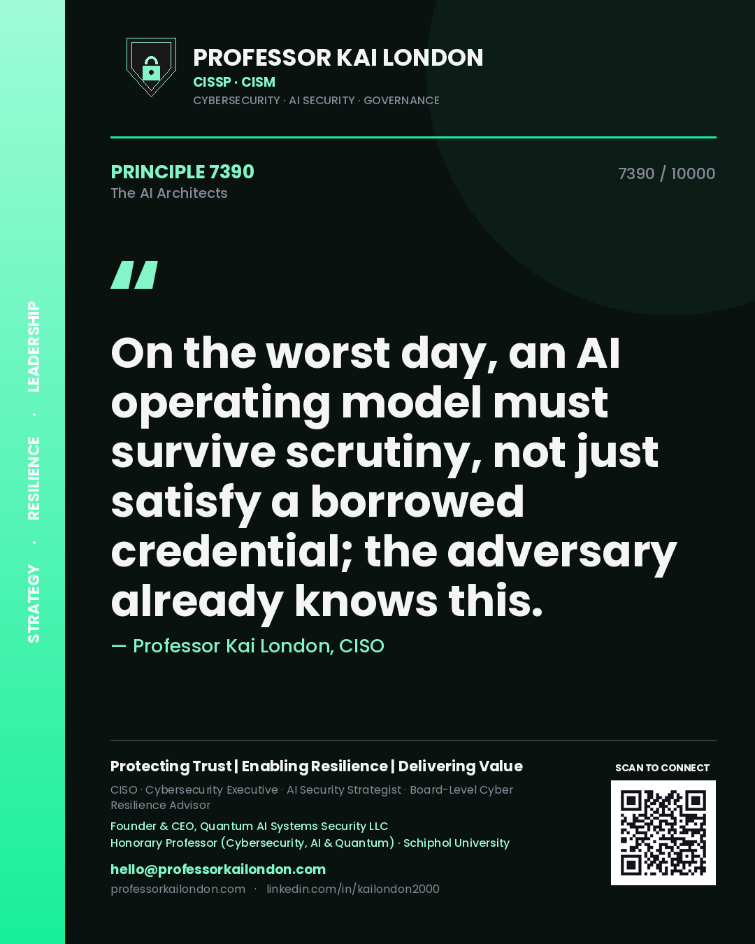 Professor Kai London principle 7390: On the worst day, an AI operating model must survive scrutiny, not just satisfy a borrowed credential; the adversary already knows this.