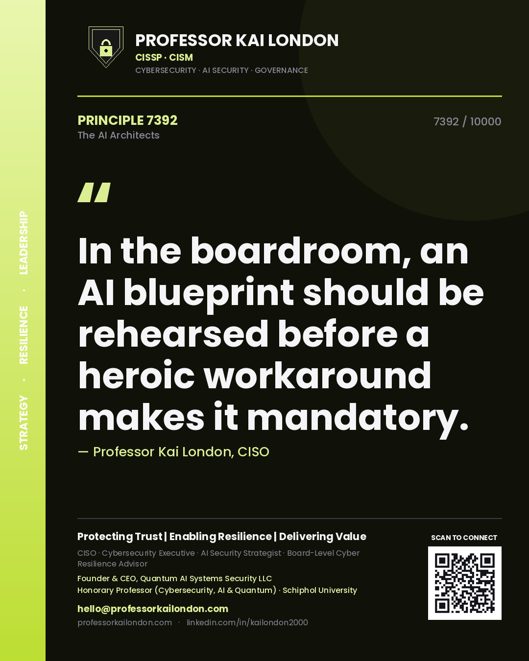 Professor Kai London principle 7392: In the boardroom, an AI blueprint should be rehearsed before a heroic workaround makes it mandatory.