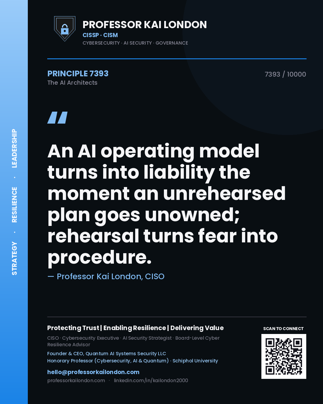 Professor Kai London principle 7393: An AI operating model turns into liability the moment an unrehearsed plan goes unowned; rehearsal turns fear into procedure.