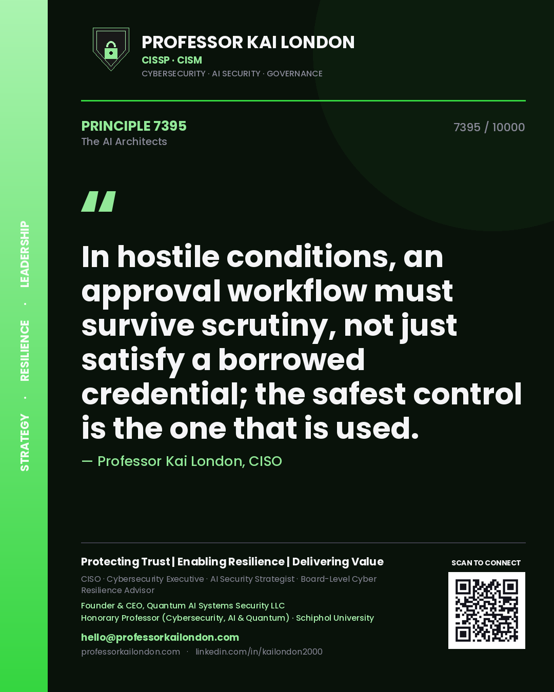 Professor Kai London principle 7395: In hostile conditions, an approval workflow must survive scrutiny, not just satisfy a borrowed credential; the safest control is the one that is used.