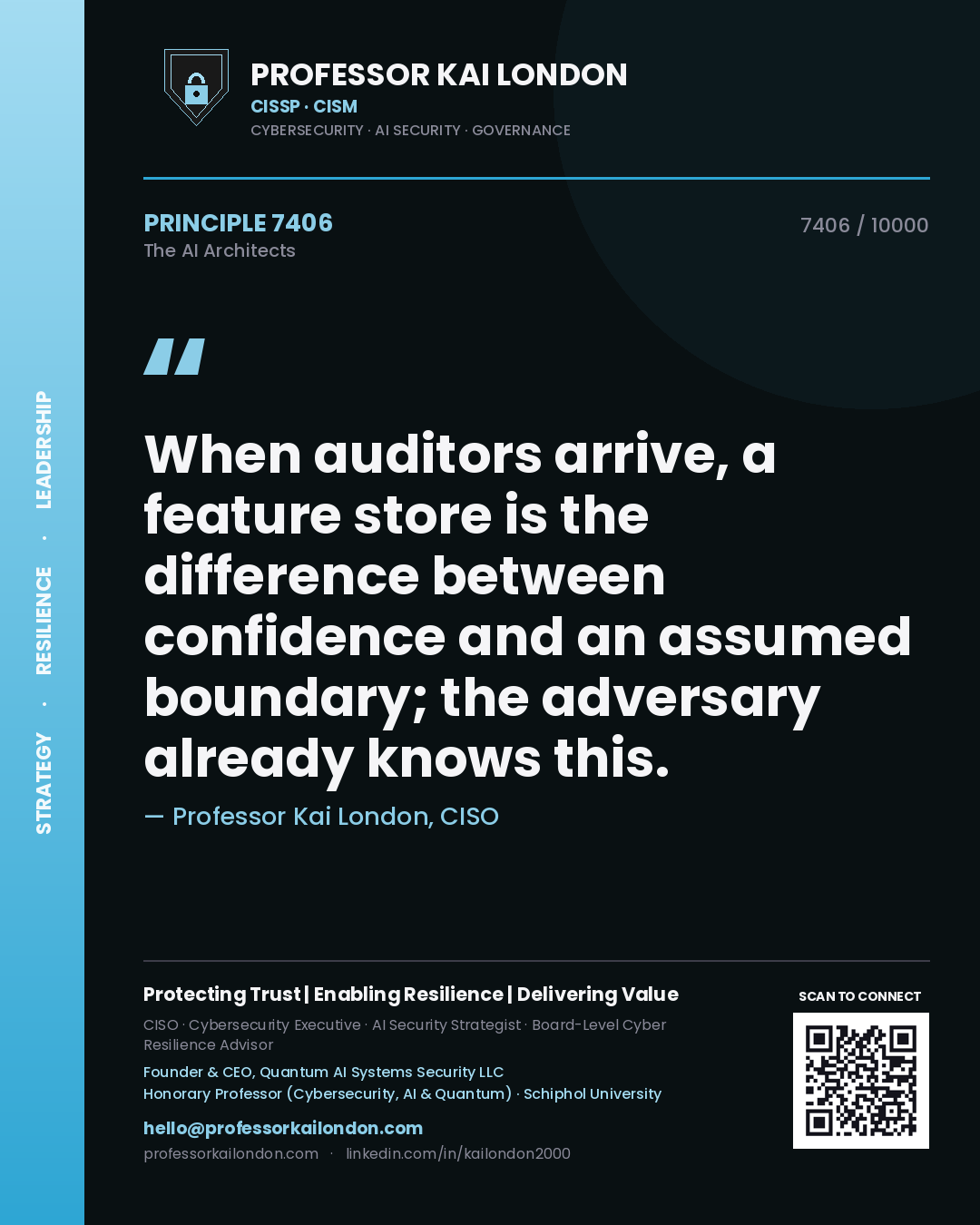 Professor Kai London principle 7406: When auditors arrive, a feature store is the difference between confidence and an assumed boundary; the adversary already knows this.