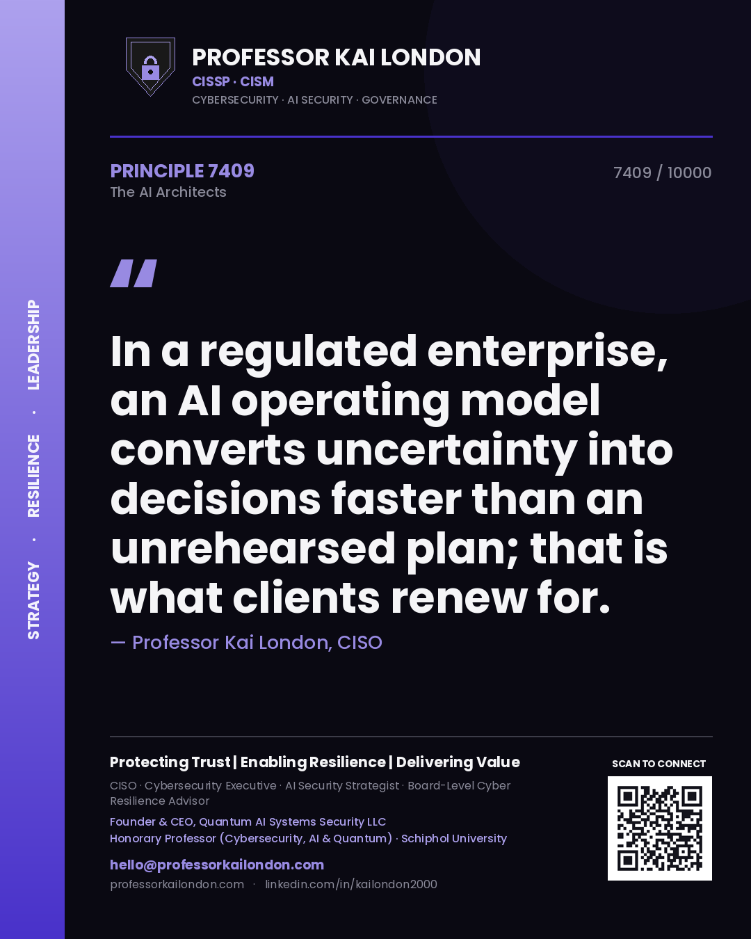 Professor Kai London principle 7409: In a regulated enterprise, an AI operating model converts uncertainty into decisions faster than an unrehearsed plan; that is what clients renew for.