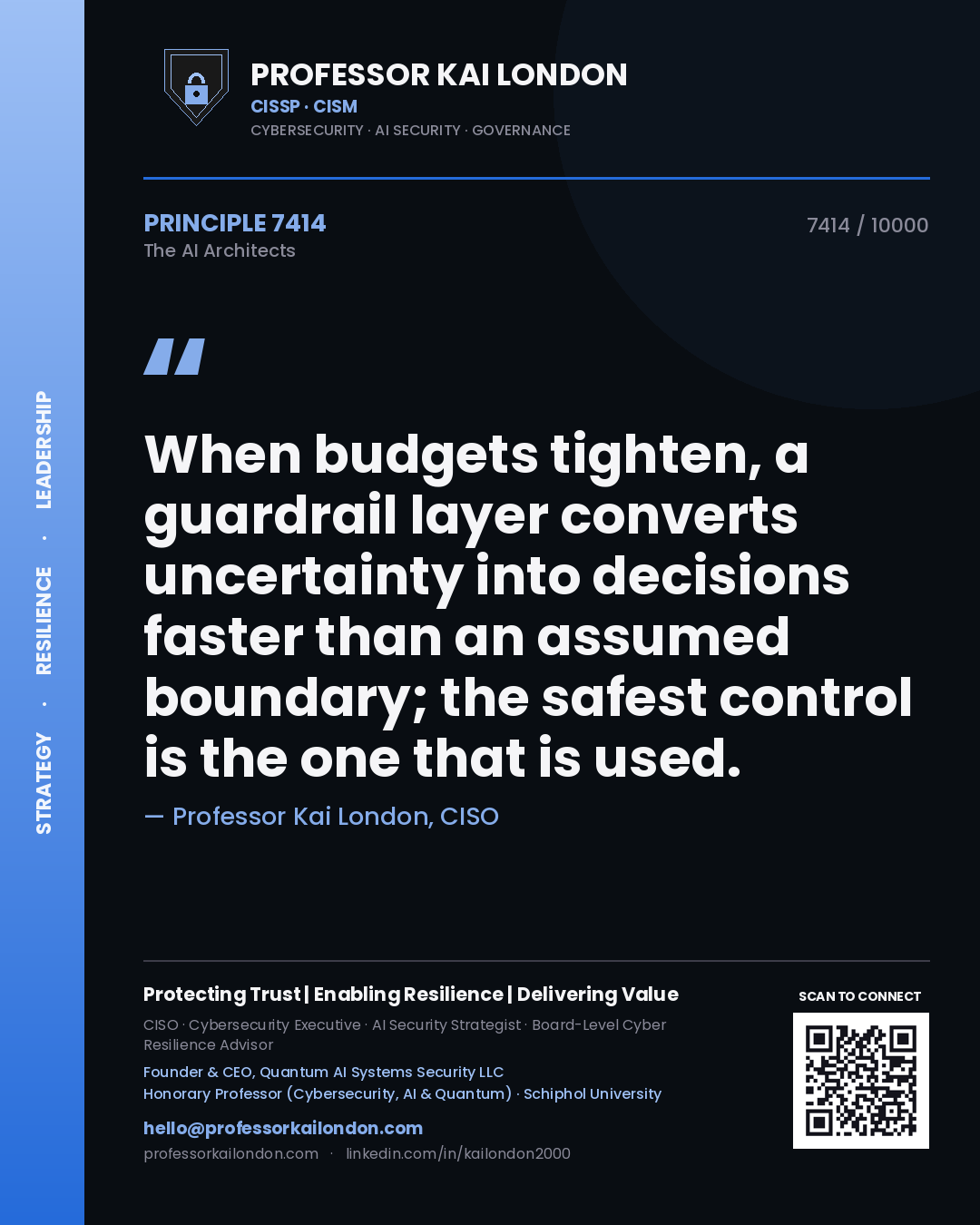 Professor Kai London principle 7414: When budgets tighten, a guardrail layer converts uncertainty into decisions faster than an assumed boundary; the safest control is the one that is used.