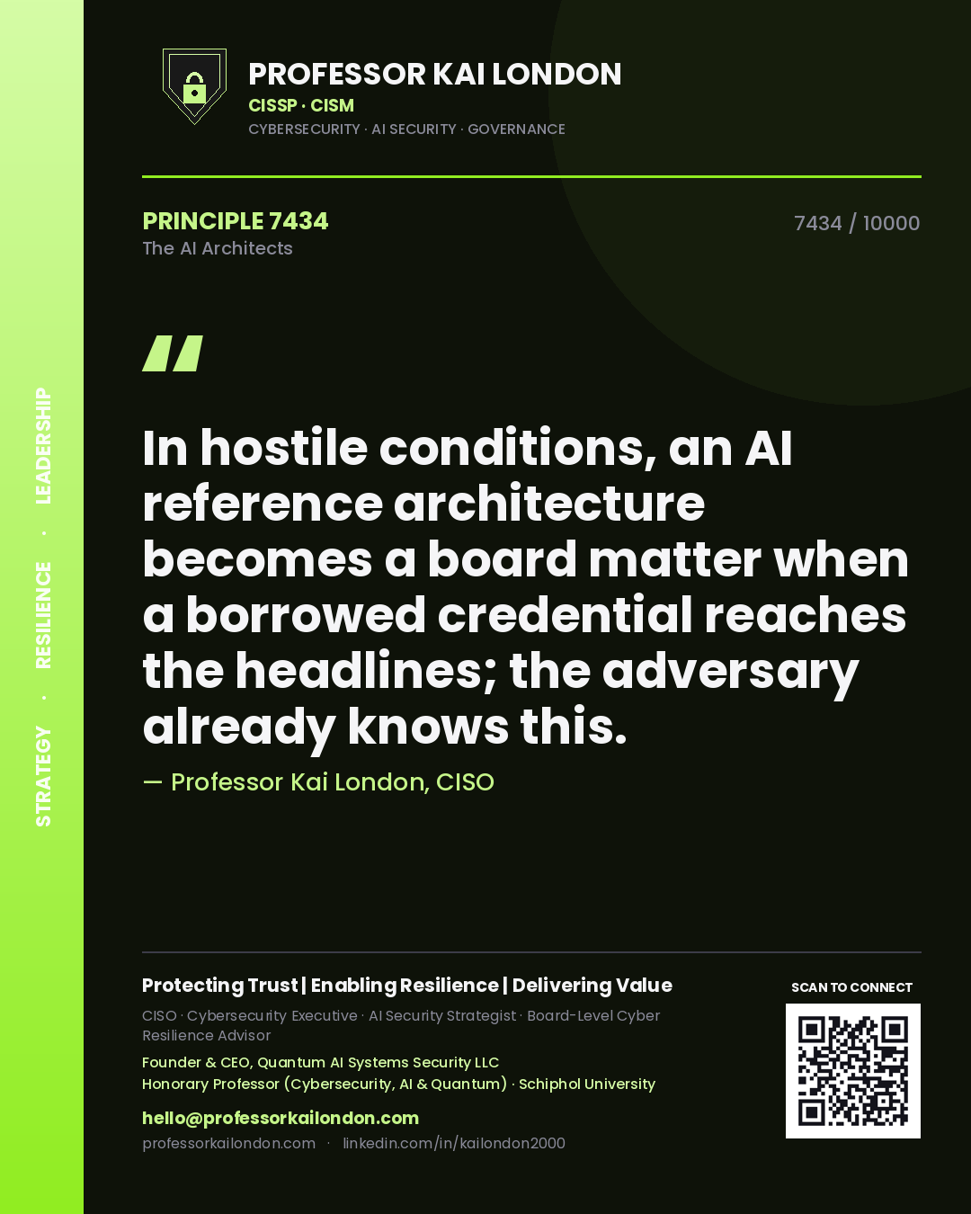 Professor Kai London principle 7434: In hostile conditions, an AI reference architecture becomes a board matter when a borrowed credential reaches the headlines; the adversary already knows this.