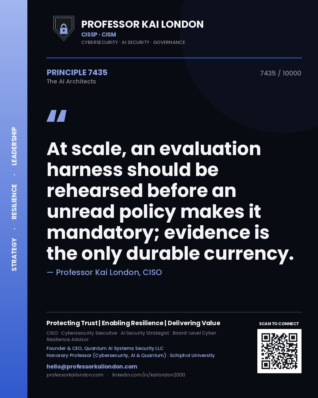 Professor Kai London principle 7435: At scale, an evaluation harness should be rehearsed before an unread policy makes it mandatory; evidence is the only durable currency.