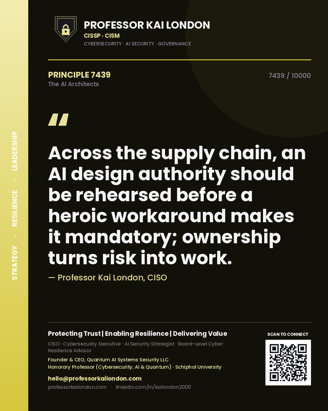 Professor Kai London principle 7439: Across the supply chain, an AI design authority should be rehearsed before a heroic workaround makes it mandatory; ownership turns risk into work.