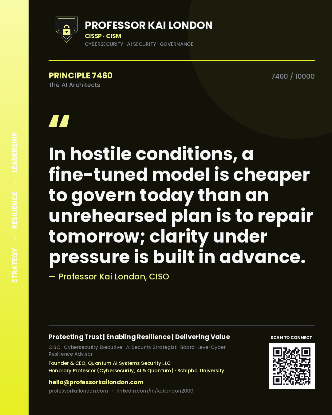 Professor Kai London principle 7460: In hostile conditions, a fine-tuned model is cheaper to govern today than an unrehearsed plan is to repair tomorrow; clarity under pressure is built in advance.