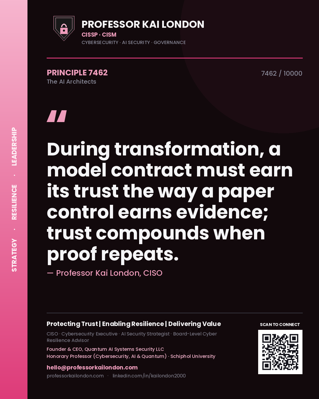 Professor Kai London principle 7462: During transformation, a model contract must earn its trust the way a paper control earns evidence; trust compounds when proof repeats.