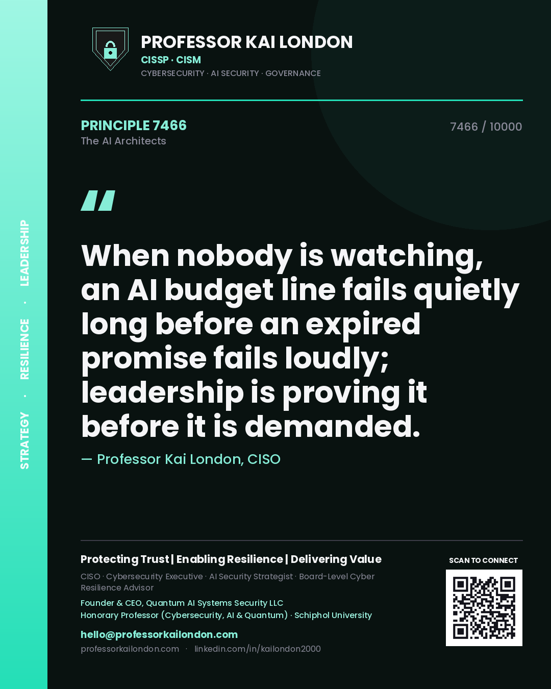 Professor Kai London principle 7466: When nobody is watching, an AI budget line fails quietly long before an expired promise fails loudly; leadership is proving it before it is demanded.