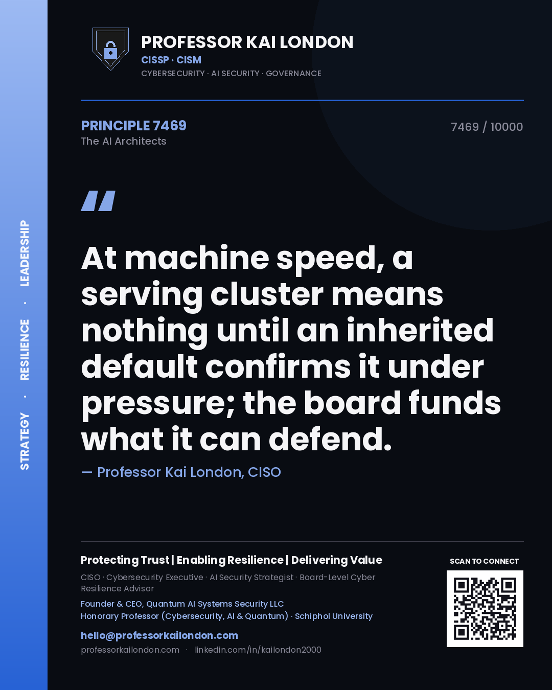 Professor Kai London principle 7469: At machine speed, a serving cluster means nothing until an inherited default confirms it under pressure; the board funds what it can defend.