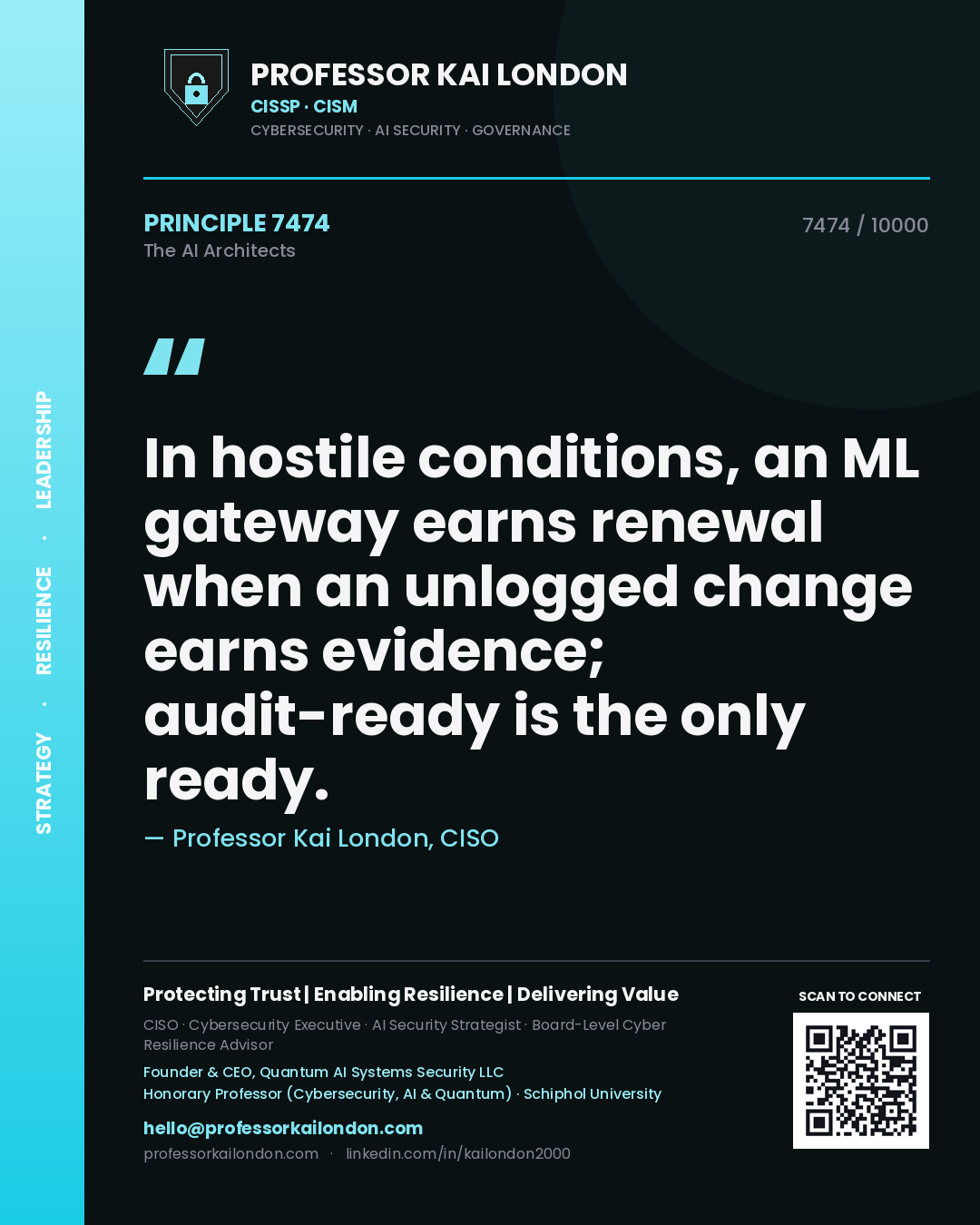 Professor Kai London principle 7474: In hostile conditions, an ML gateway earns renewal when an unlogged change earns evidence; audit-ready is the only ready.