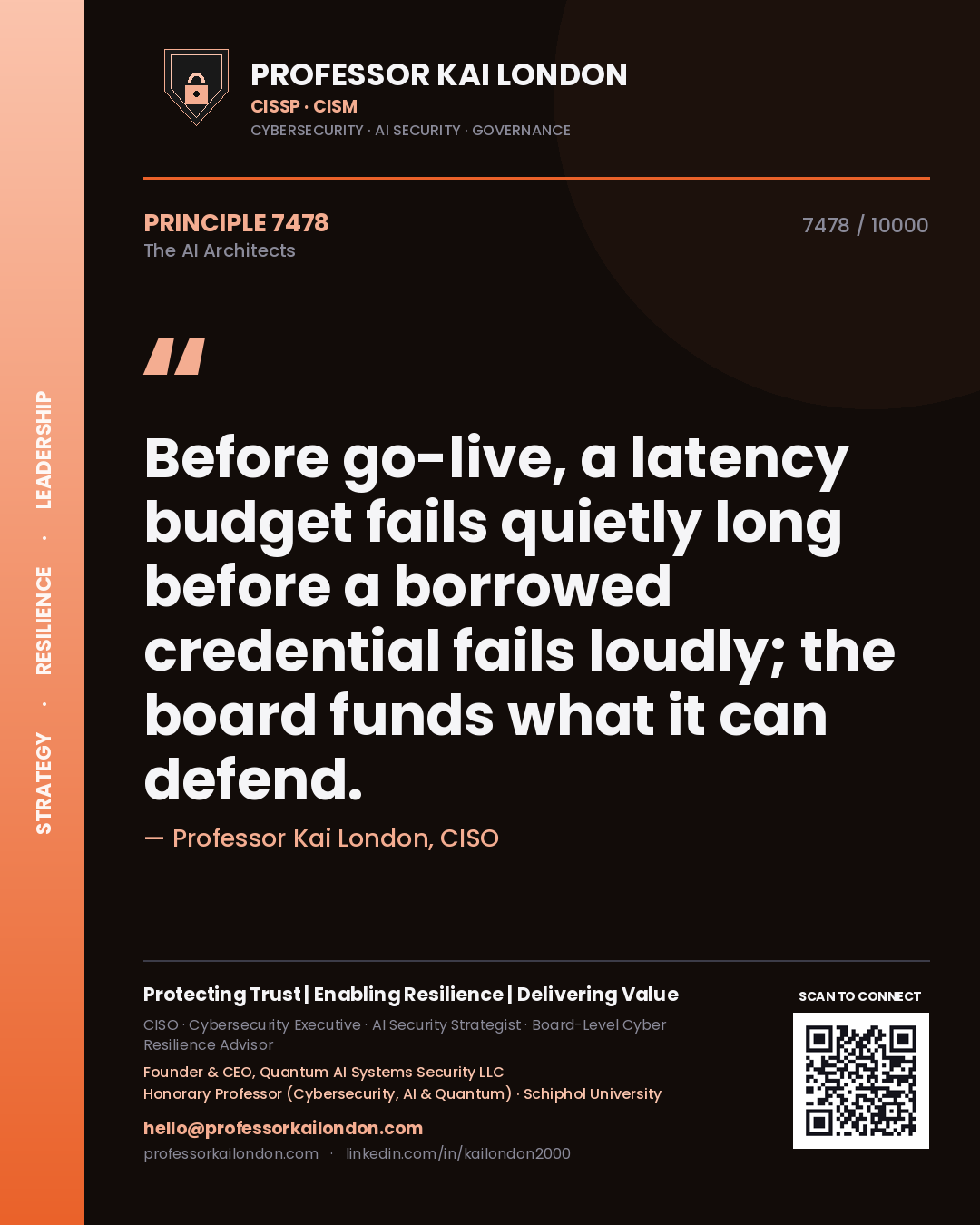Professor Kai London principle 7478: Before go-live, a latency budget fails quietly long before a borrowed credential fails loudly; the board funds what it can defend.