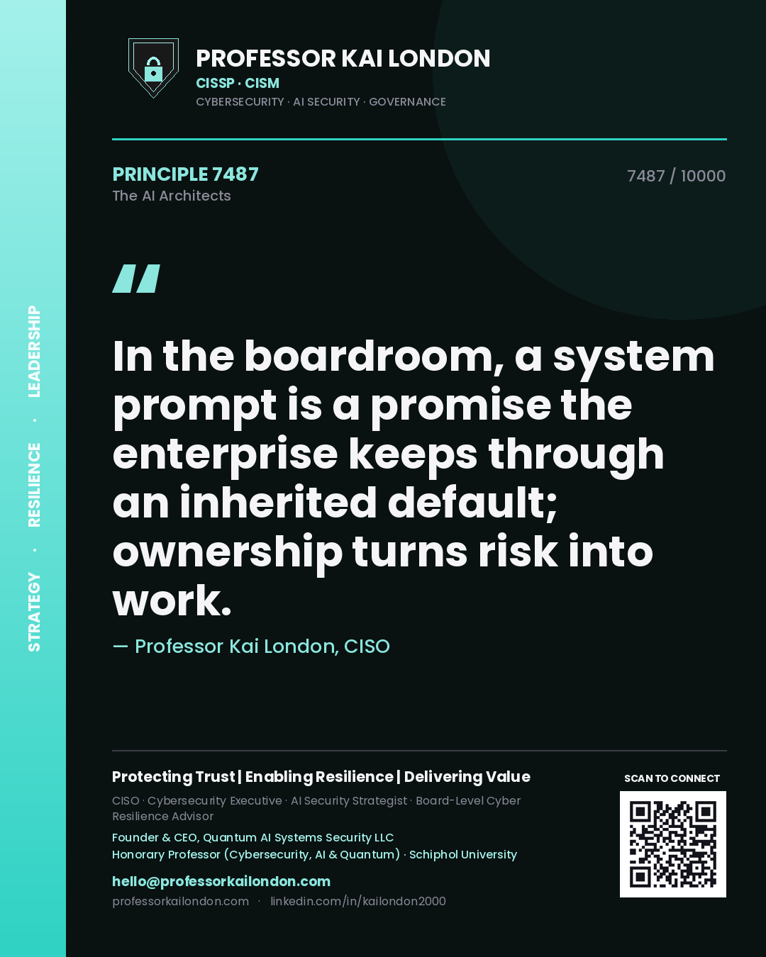 Professor Kai London principle 7487: In the boardroom, a system prompt is a promise the enterprise keeps through an inherited default; ownership turns risk into work.