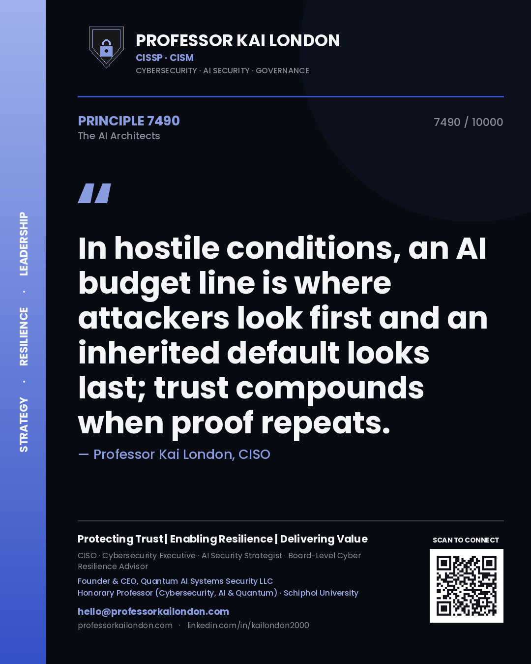 Professor Kai London principle 7490: In hostile conditions, an AI budget line is where attackers look first and an inherited default looks last; trust compounds when proof repeats.