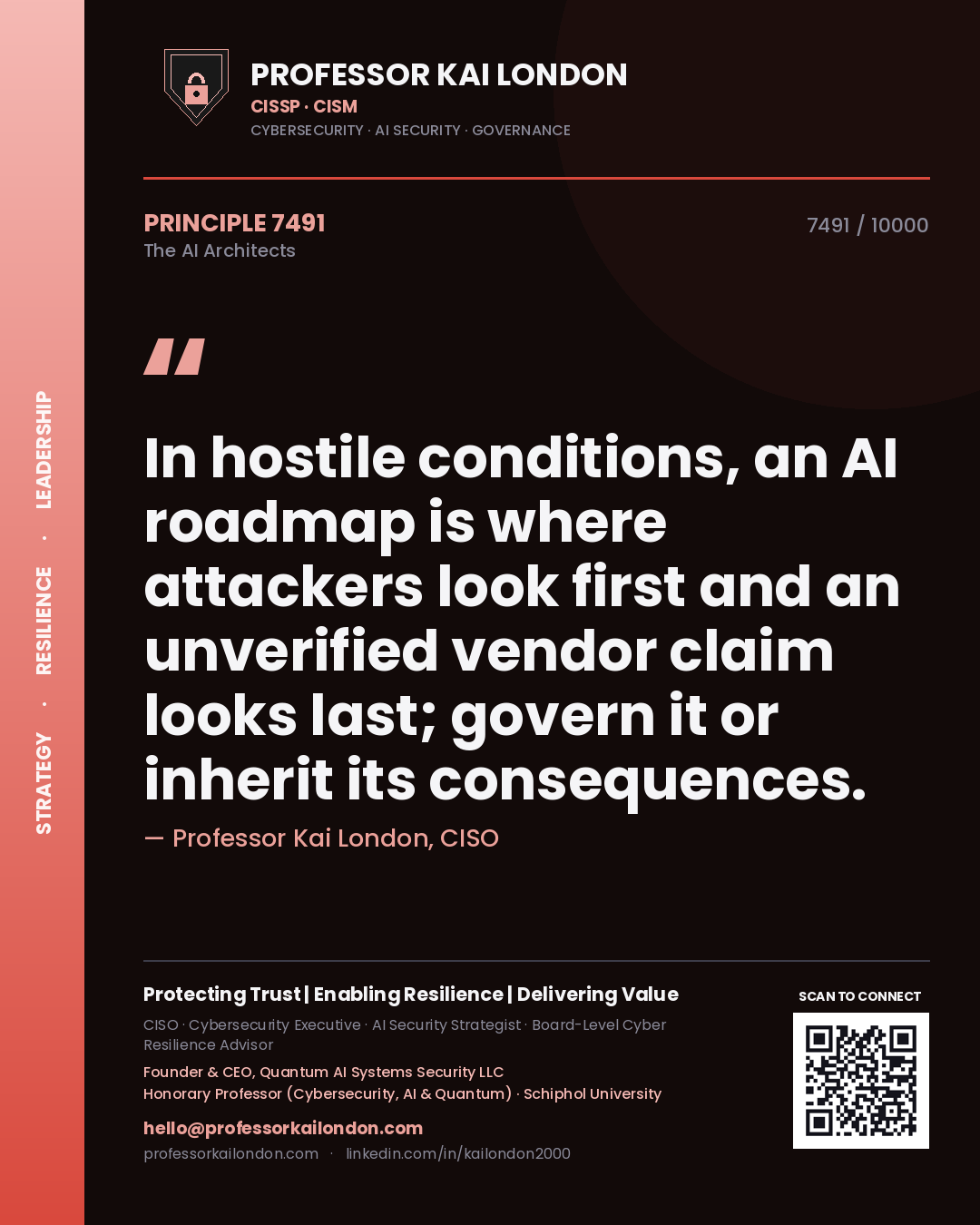Professor Kai London principle 7491: In hostile conditions, an AI roadmap is where attackers look first and an unverified vendor claim looks last; govern it or inherit its consequences.