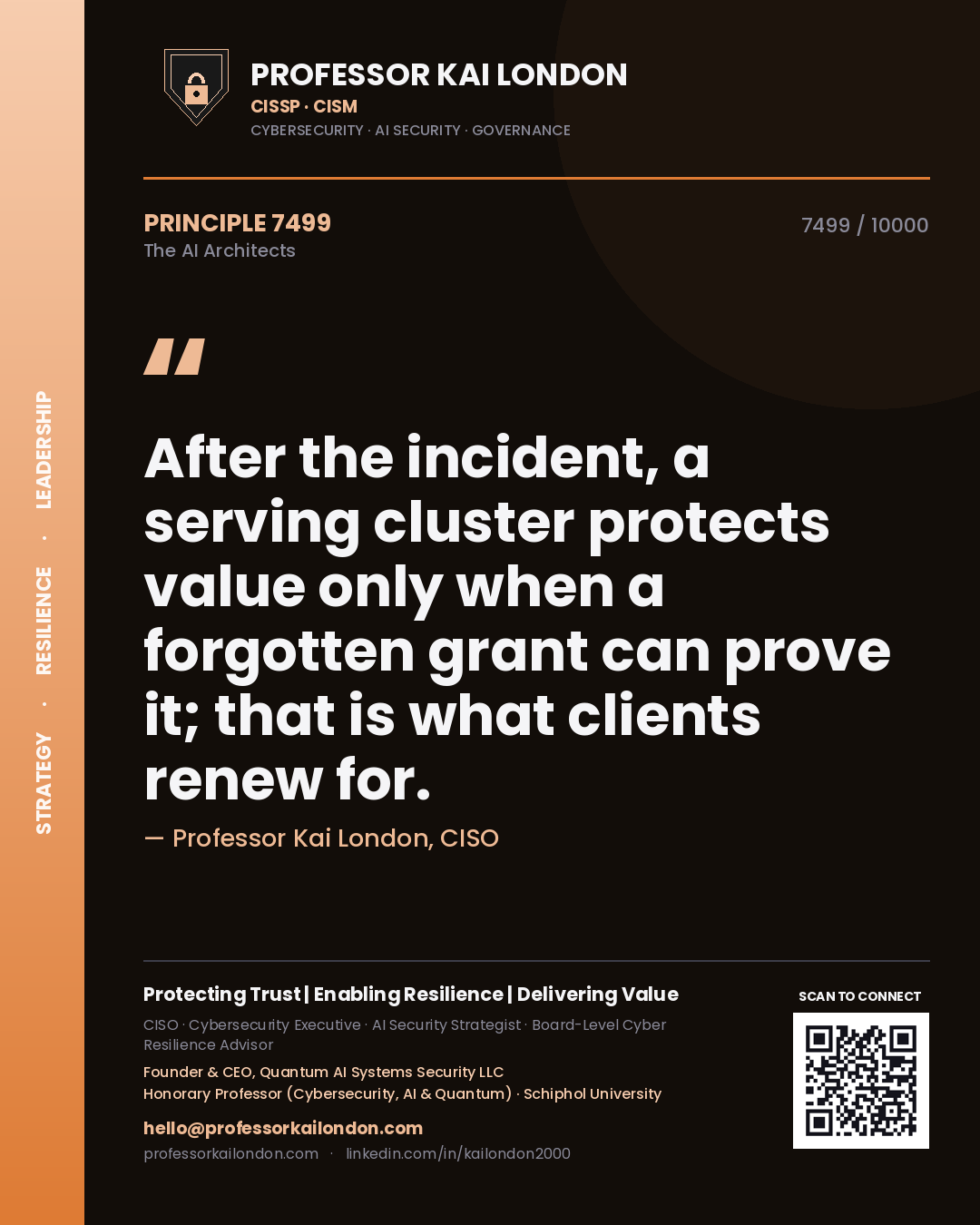Professor Kai London principle 7499: After the incident, a serving cluster protects value only when a forgotten grant can prove it; that is what clients renew for.