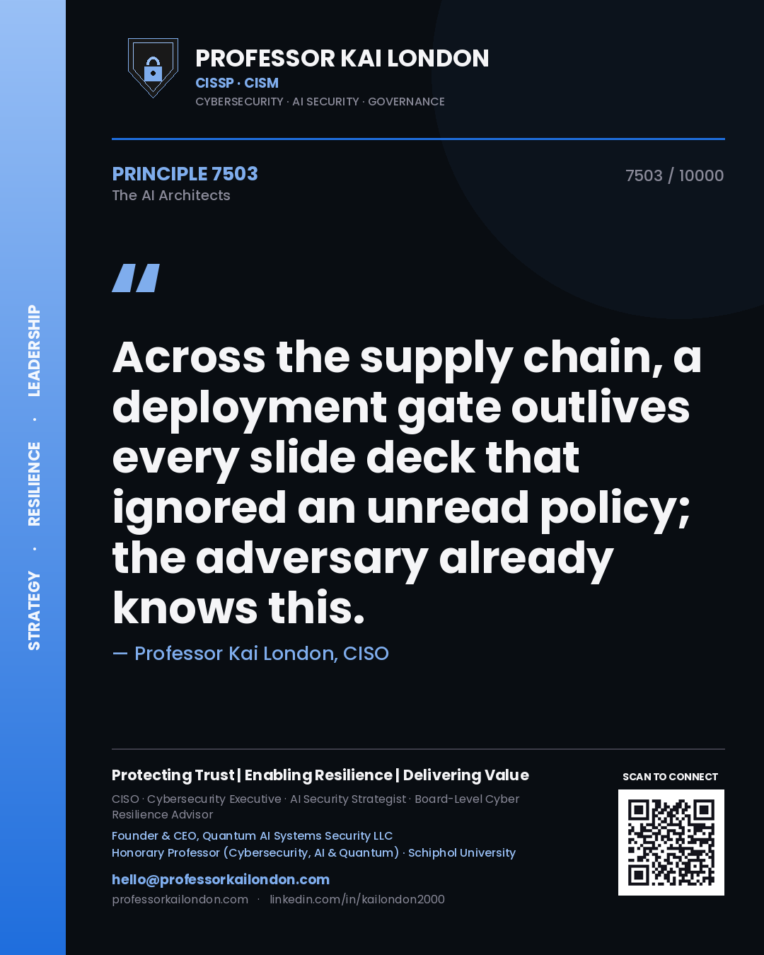 Professor Kai London principle 7503: Across the supply chain, a deployment gate outlives every slide deck that ignored an unread policy; the adversary already knows this.