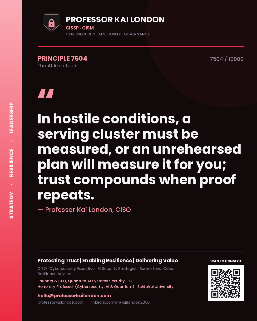 Professor Kai London principle 7504: In hostile conditions, a serving cluster must be measured, or an unrehearsed plan will measure it for you; trust compounds when proof repeats.