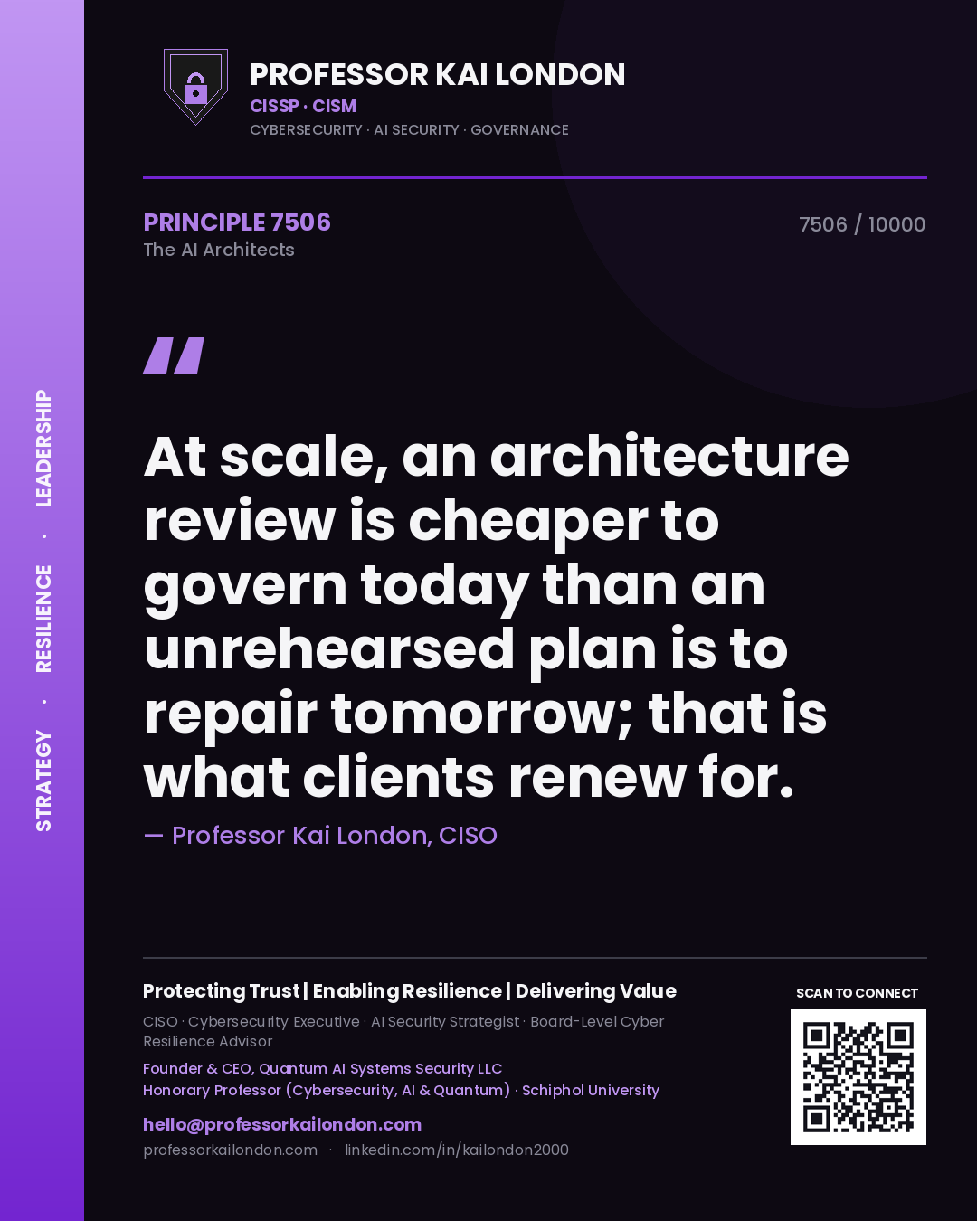 Professor Kai London principle 7506: At scale, an architecture review is cheaper to govern today than an unrehearsed plan is to repair tomorrow; that is what clients renew for.