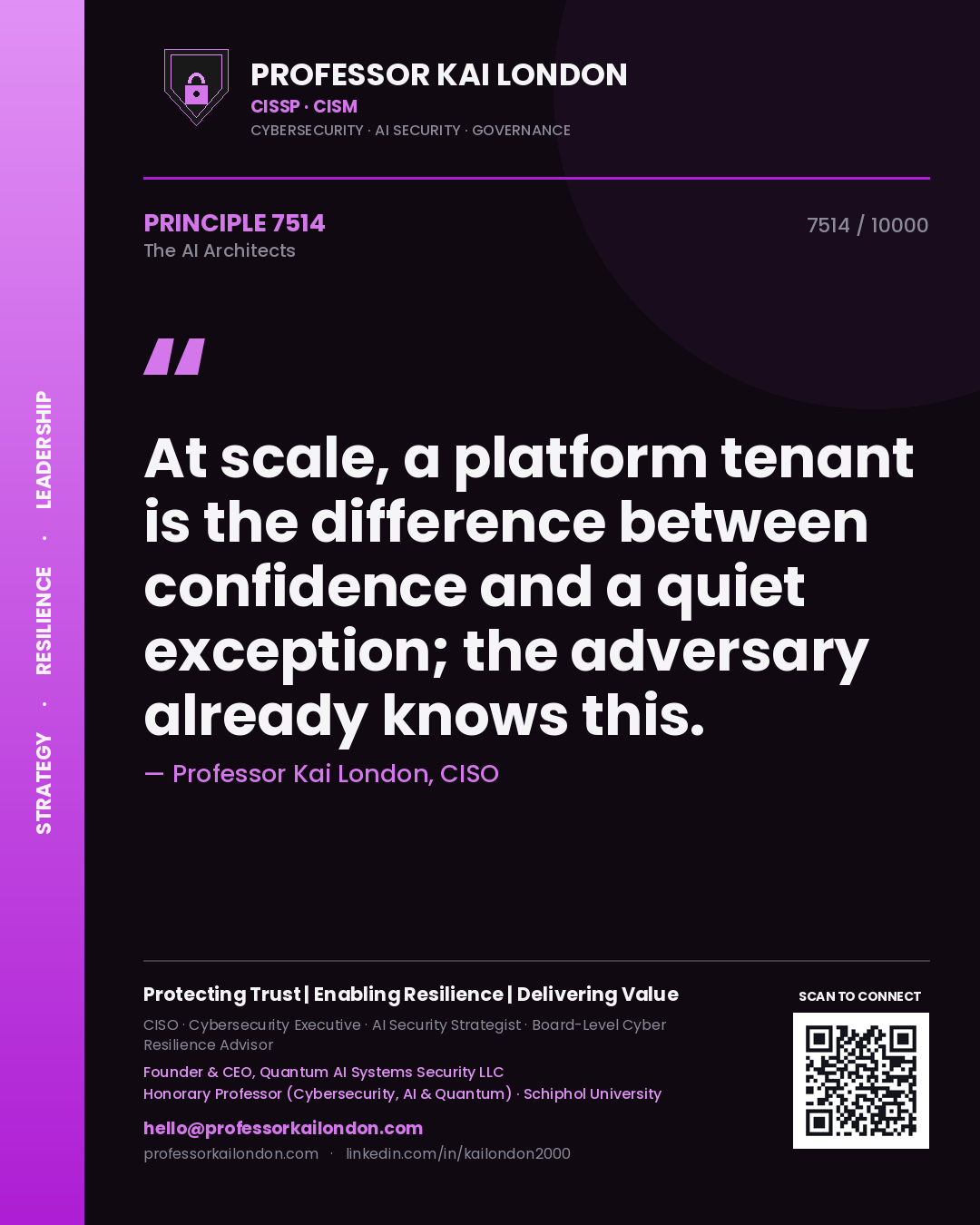 Professor Kai London principle 7514: At scale, a platform tenant is the difference between confidence and a quiet exception; the adversary already knows this.