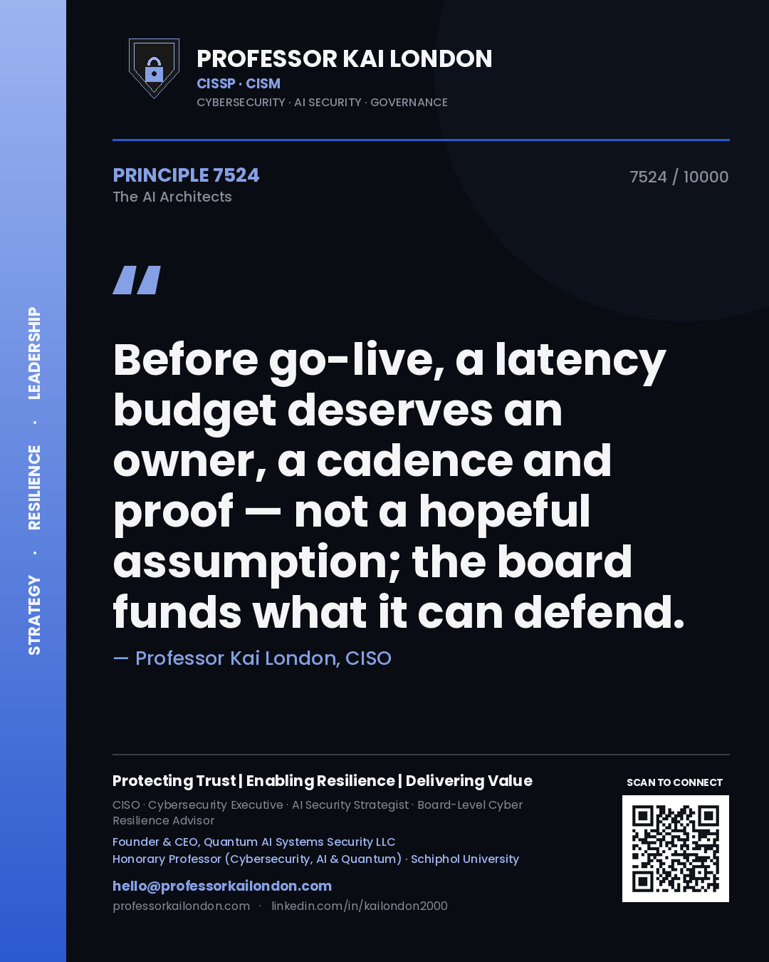 Professor Kai London principle 7524: Before go-live, a latency budget deserves an owner, a cadence and proof — not a hopeful assumption; the board funds what it can defend.