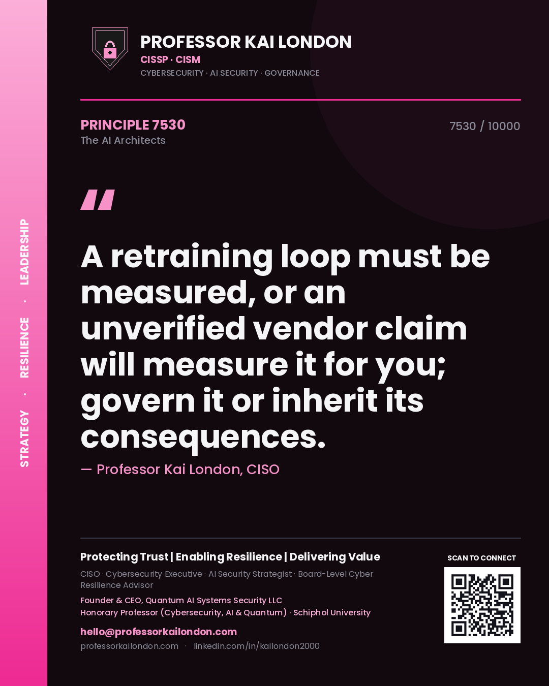 Professor Kai London principle 7530: A retraining loop must be measured, or an unverified vendor claim will measure it for you; govern it or inherit its consequences.