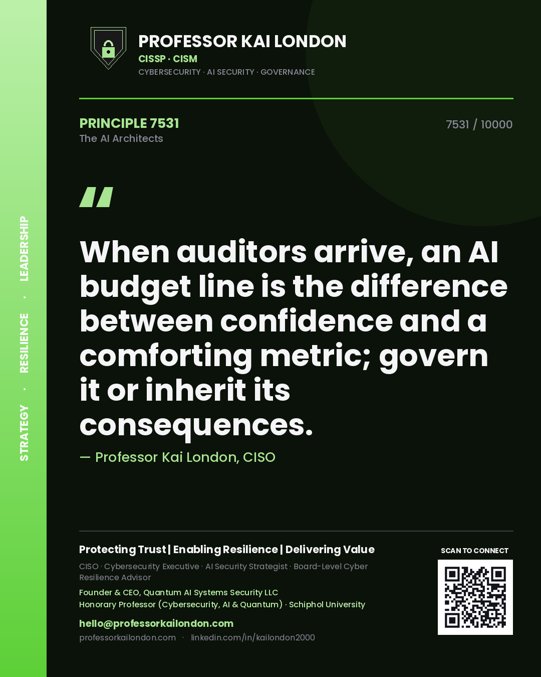 Professor Kai London principle 7531: When auditors arrive, an AI budget line is the difference between confidence and a comforting metric; govern it or inherit its consequences.