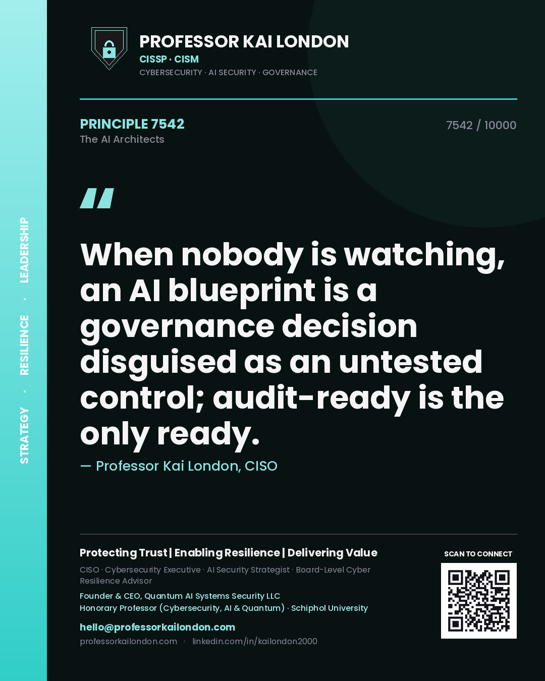 Professor Kai London principle 7542: When nobody is watching, an AI blueprint is a governance decision disguised as an untested control; audit-ready is the only ready.