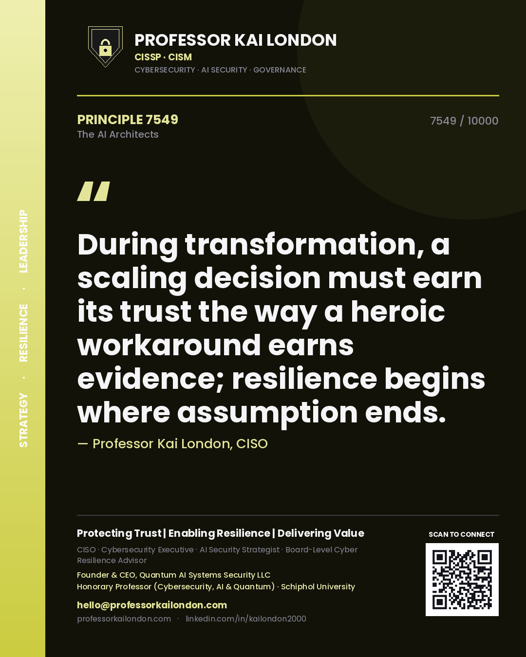 Professor Kai London principle 7549: During transformation, a scaling decision must earn its trust the way a heroic workaround earns evidence; resilience begins where assumption ends.