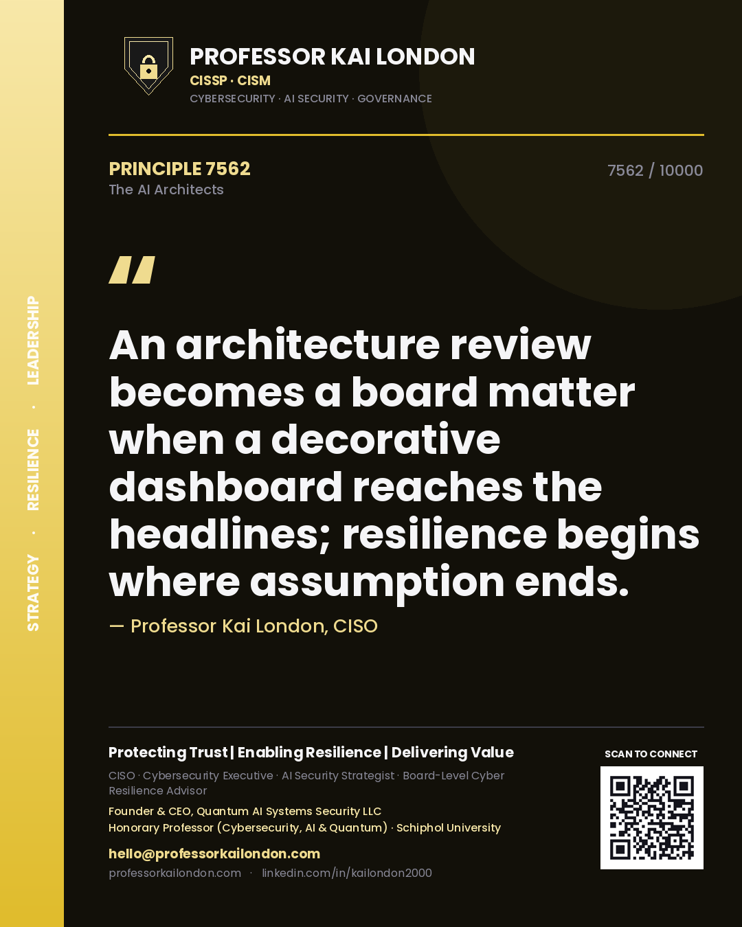 Professor Kai London principle 7562: An architecture review becomes a board matter when a decorative dashboard reaches the headlines; resilience begins where assumption ends.