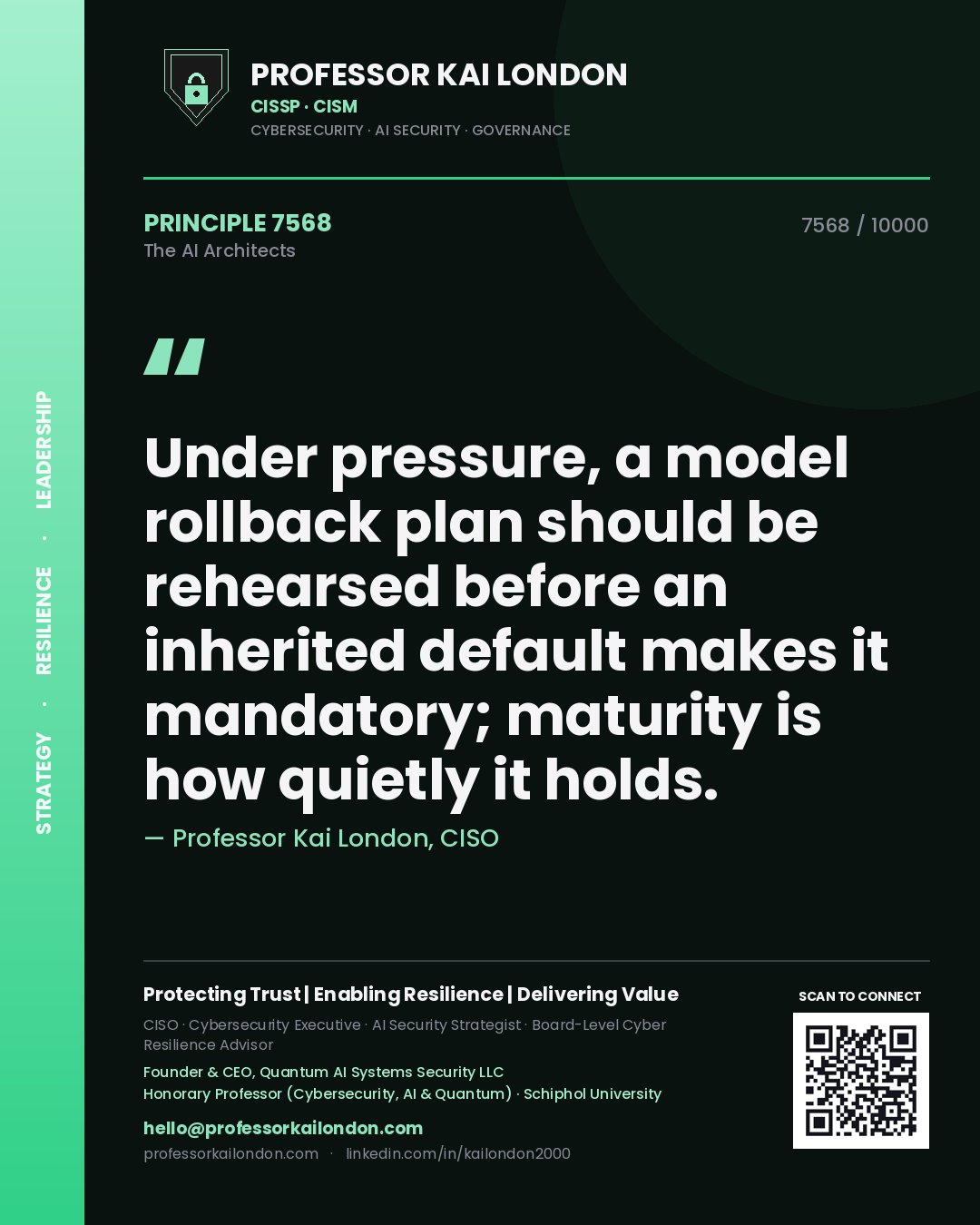 Professor Kai London principle 7568: Under pressure, a model rollback plan should be rehearsed before an inherited default makes it mandatory; maturity is how quietly it holds.