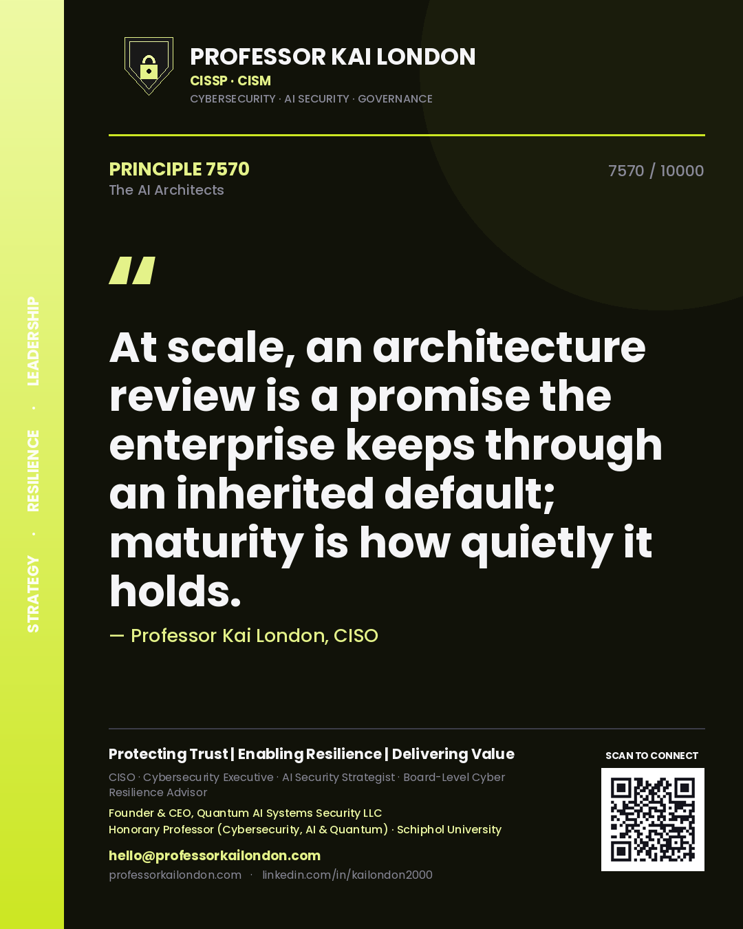 Professor Kai London principle 7570: At scale, an architecture review is a promise the enterprise keeps through an inherited default; maturity is how quietly it holds.